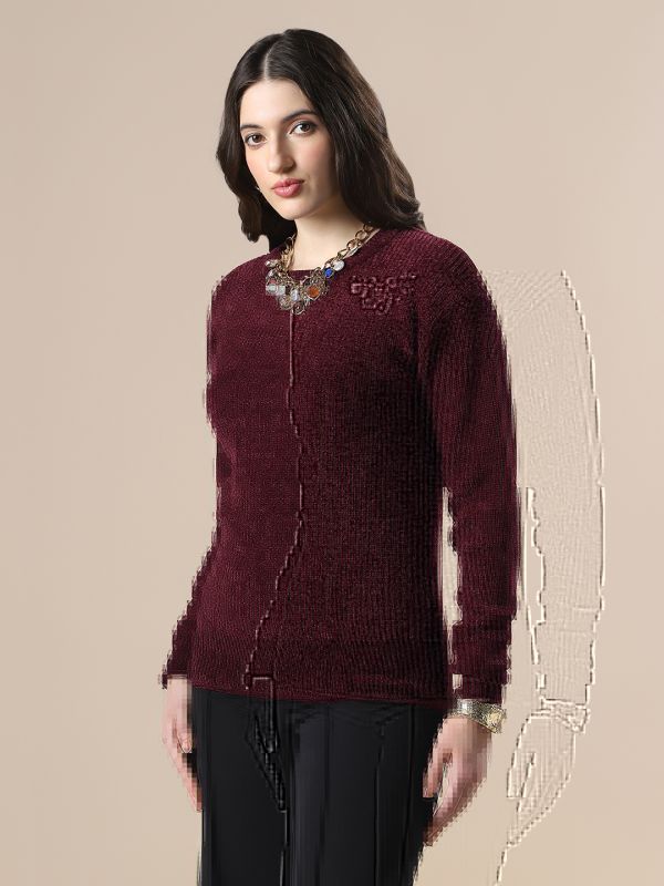 Globs Women Mauve Self Design Round Neck Drop Shoulder Long Sleeves Acrylic Knitted Pullover Sweater