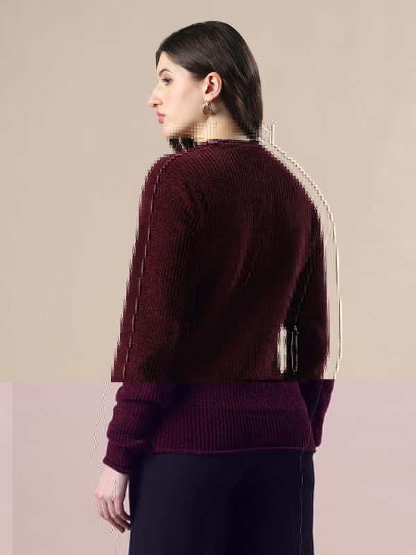 Globs Women Mauve Self Design Round Neck Drop Shoulder Long Sleeves Acrylic Knitted Pullover Sweater
