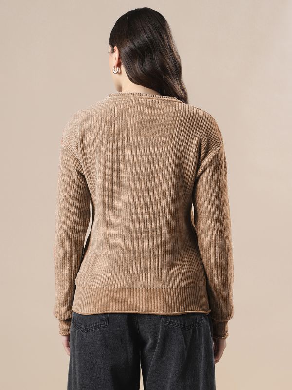Globs Women Brown Self Design Round Neck Drop Shoulder Long Sleeves Acrylic Knitted Pullover Sweater