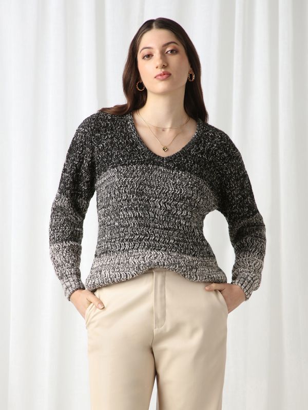 Globus Women Black Ombre Self Design V-Neck Acrylic Pullover Sweater