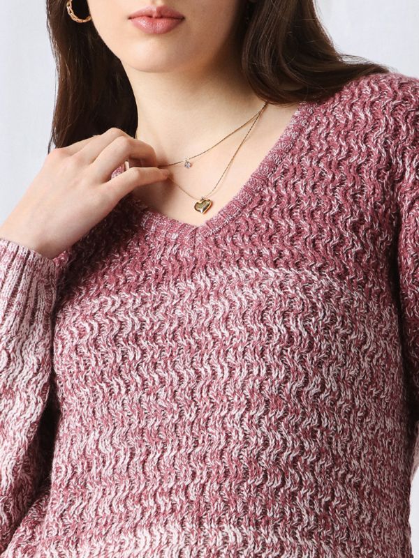 Globus Women Pink Ombre Self Design V-Neck Acrylic Pullover Sweater