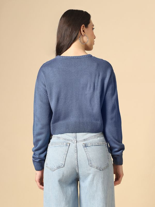 Globus Women Blue Round Neck Long Sleeves Cable Knit Tie-Up Detail Curved Hem Acrylic Crop Pullover Sweater