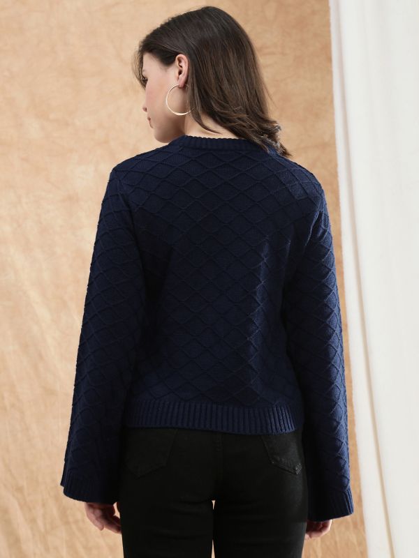 Globus Women Blue Round Neck Bell Sleeve Self Design Cable Knitted Ribbed Hem Acrylic Winterwear Pullover Sweater