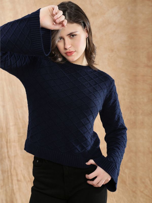 Globus Women Blue Round Neck Bell Sleeve Self Design Cable Knitted Ribbed Hem Acrylic Winterwear Pullover Sweater