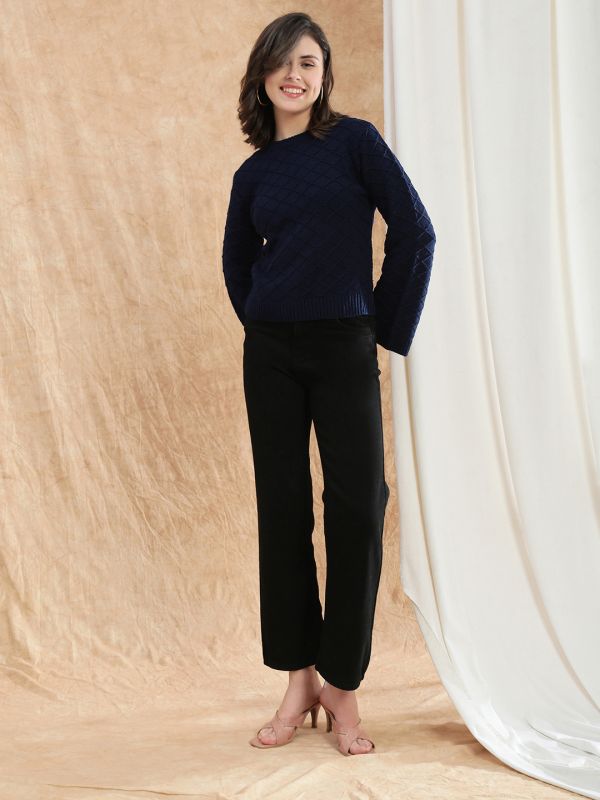Globus Women Blue Round Neck Bell Sleeve Self Design Cable Knitted Ribbed Hem Acrylic Winterwear Pullover Sweater