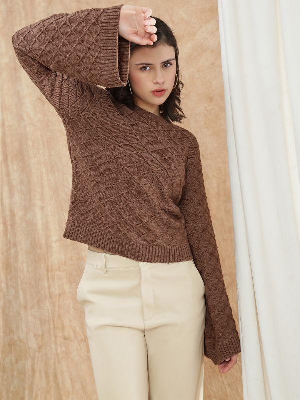 Globus Women Brown Round Neck Bell Sleeve Self Design Cable Knitted Ribbed Hem Acrylic Winterwear Pullover Sweater