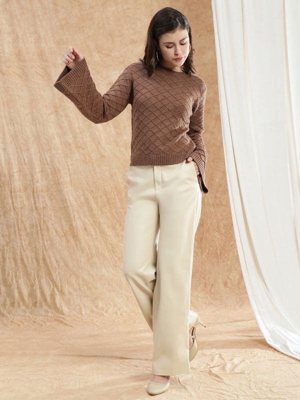Globus Women Brown Round Neck Bell Sleeve Self Design Cable Knitted Ribbed Hem Acrylic Winterwear Pullover Sweater