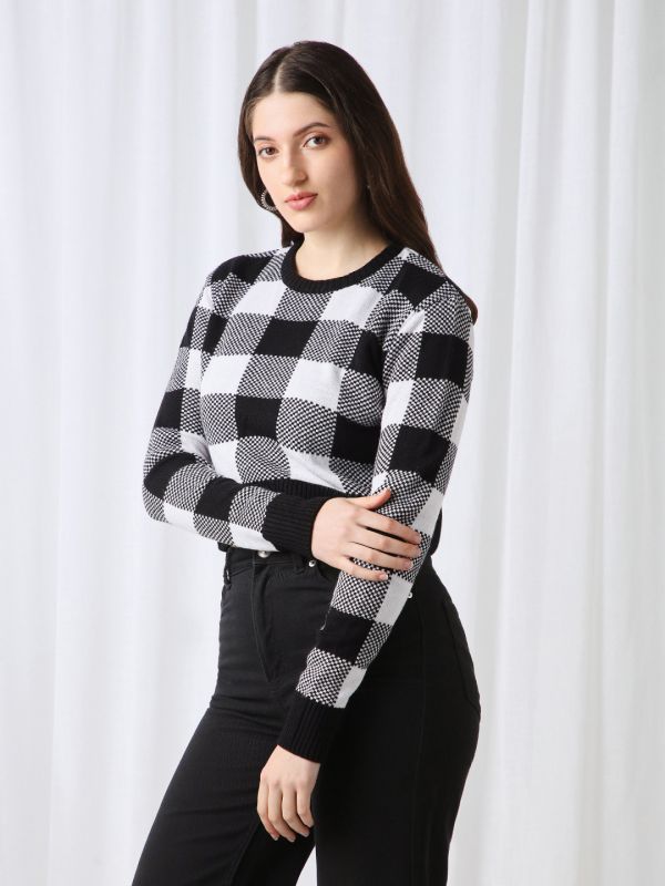 Globus Women Black Checkered Round Neck Long Sleeves Acrylic Pullover Crop Sweater 