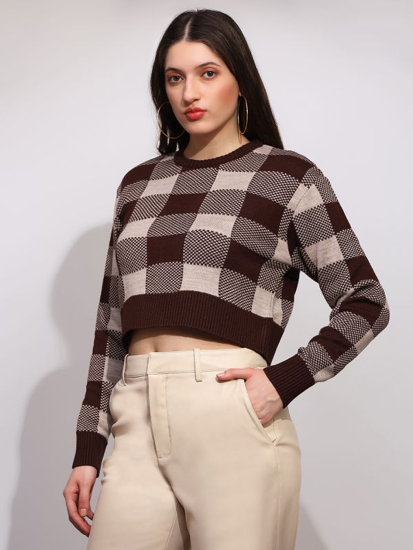 Globus Women Brown Round Neck Long Sleeves Checkered Ribbed Hem Winterwear Pullover Sweater