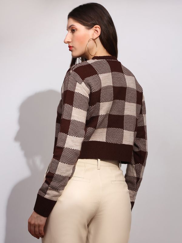 Globus Women Brown Round Neck Long Sleeves Checkered Ribbed Hem Winterwear Pullover Sweater