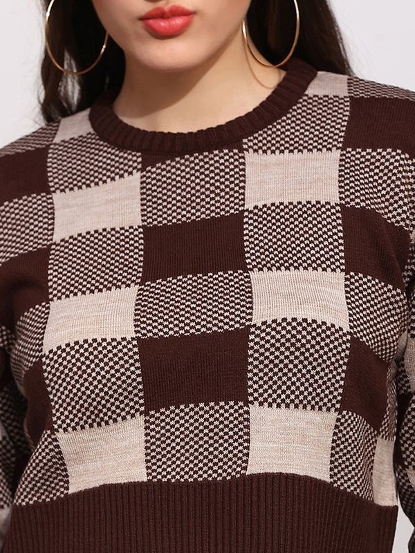 Globus Women Brown Round Neck Long Sleeves Checkered Ribbed Hem Winterwear Pullover Sweater