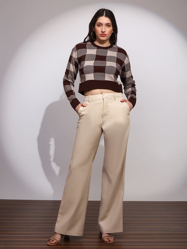 Globus Women Brown Round Neck Long Sleeves Checkered Ribbed Hem Winterwear Pullover Sweater