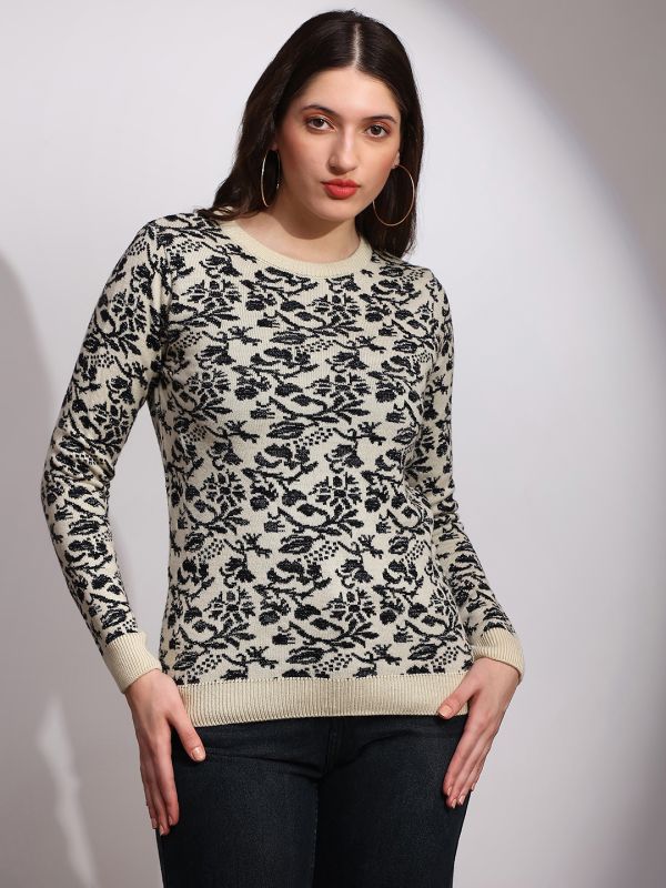 Globus Women Black Round Neck Long Sleeves Floral Print Ribbed Hem Winterwear Pullover Sweater