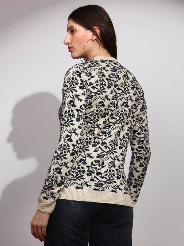 Globus Women Black Round Neck Long Sleeves Floral Print Ribbed Hem Winterwear Pullover Sweater