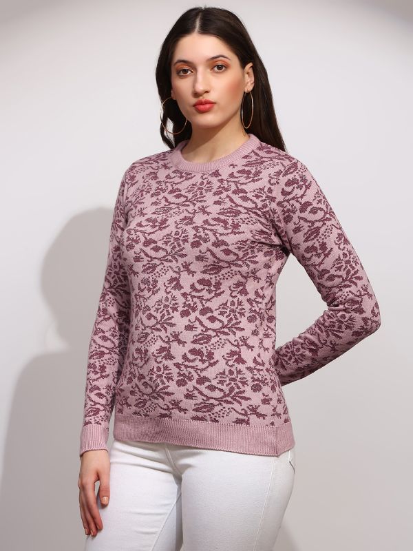 Globus Women Pink Round Neck Long Sleeves Floral Print Ribbed Hem Winterwear Pullover Sweater