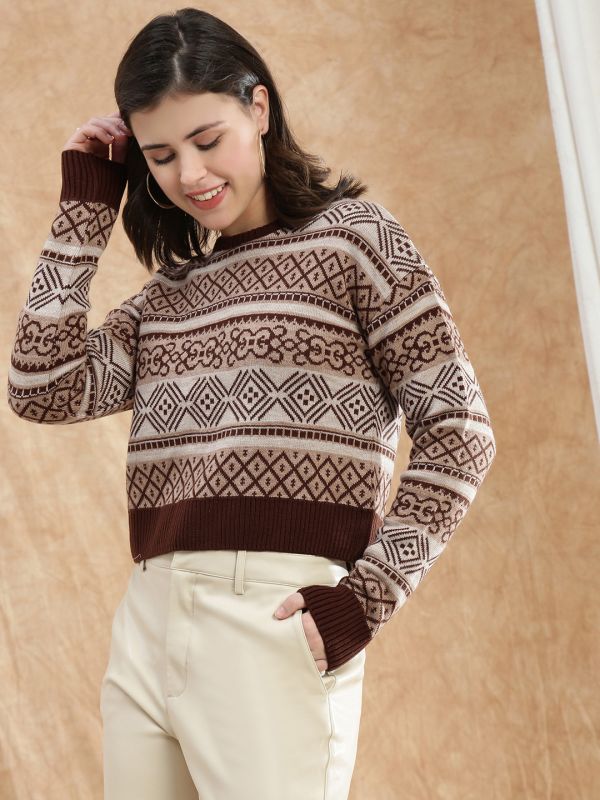 Globus Women Brown Round Neck Long Sleeve Self Design Knitted Ribbed Hem Acrylic Winterwear Pullover Sweater