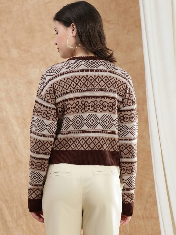 Globus Women Brown Round Neck Long Sleeve Self Design Knitted Ribbed Hem Acrylic Winterwear Pullover Sweater