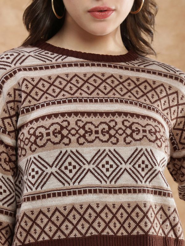 Globus Women Brown Round Neck Long Sleeve Self Design Knitted Ribbed Hem Acrylic Winterwear Pullover Sweater