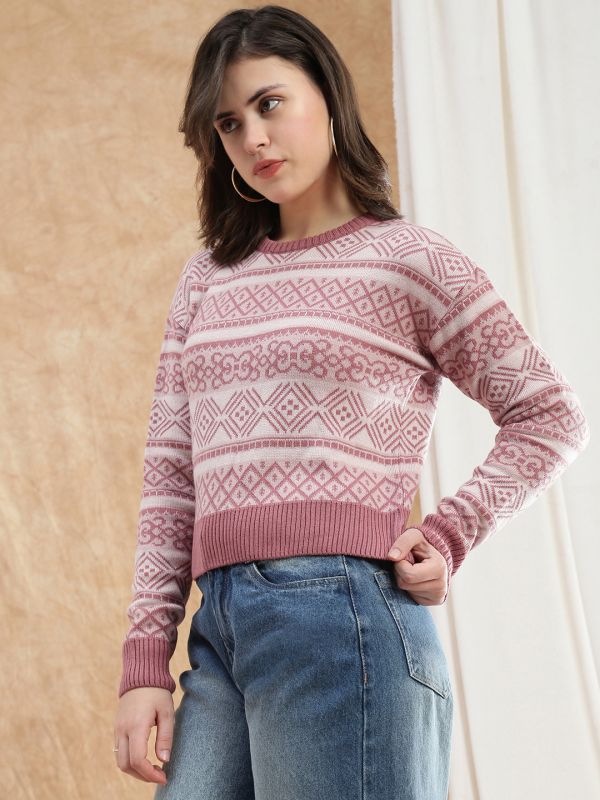 Globus Women Pink Round Neck Long Sleeve Self Design Knitted Ribbed Hem Acrylic Winterwear Pullover Sweater
