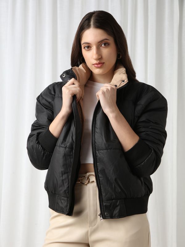 Globus Women Black High Neck Long Sleeves Winter Wear Puffer Jacket