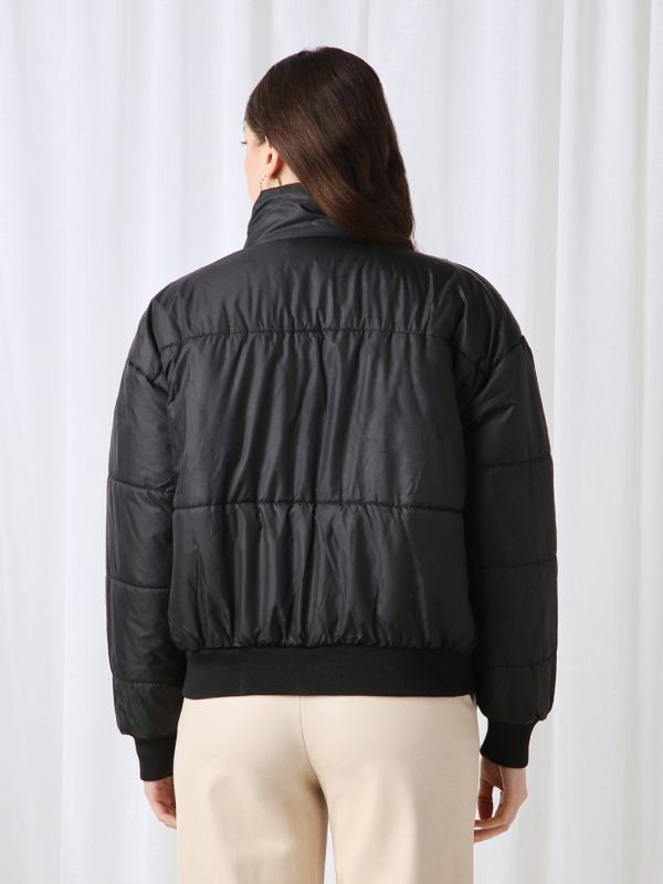 Globus Women Black High Neck Long Sleeves Winter Wear Puffer Jacket