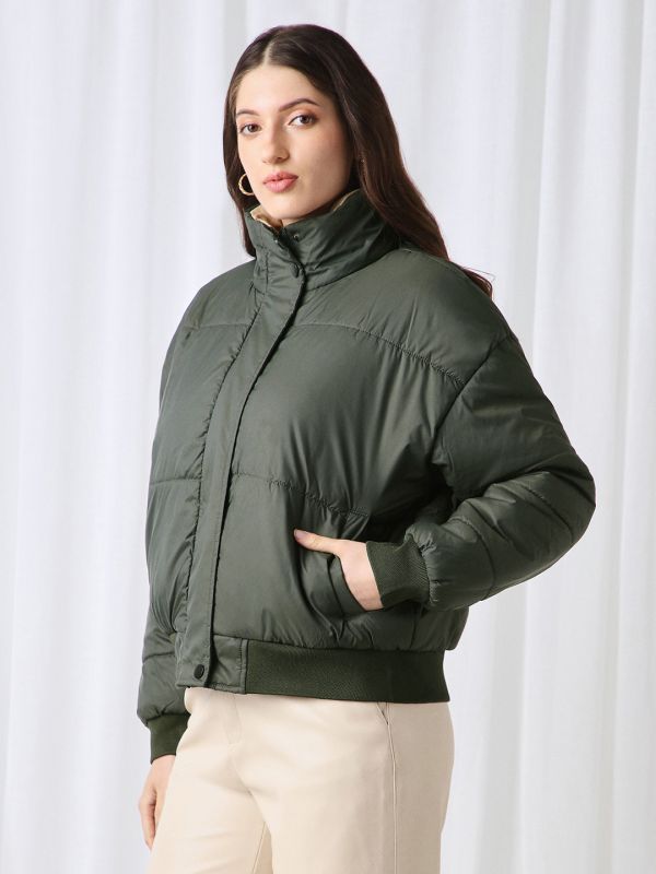 Globus Women Olive High Neck Long Sleeves Winter Wear Puffer Jacket