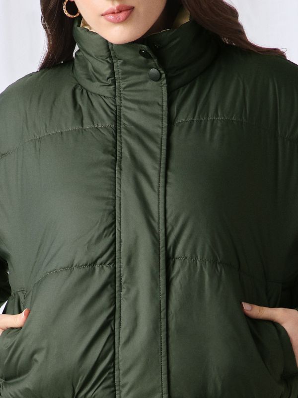Globus Women Olive High Neck Long Sleeves Winter Wear Puffer Jacket