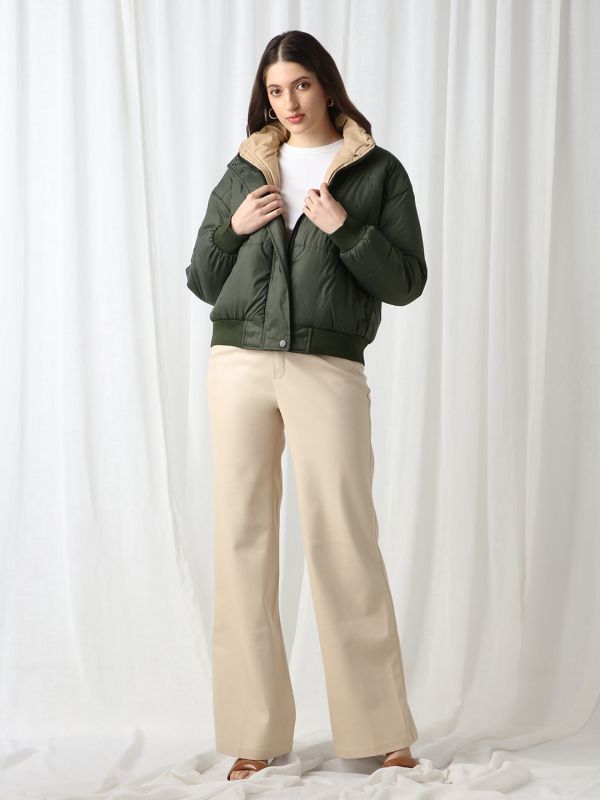 Globus Women Olive High Neck Long Sleeves Winter Wear Puffer Jacket