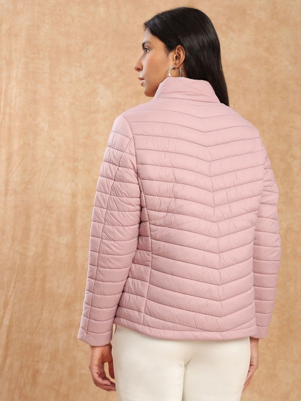 Globus Women Pink Mock Neck Front Zip 2 Pockets Winter Wear Insulator Puffer Jacket 