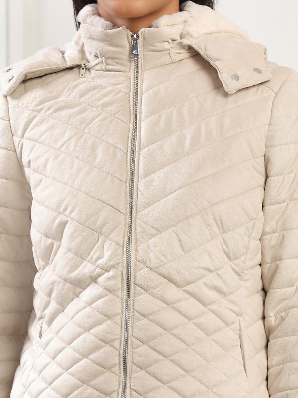 Globus Women White Mock Neck Winter Wear Insulator Puffer Jacket With Detachable Soft Functional Hood