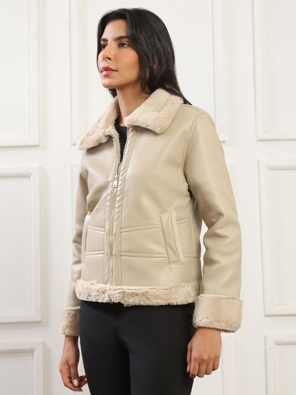 Globus Women Camel Brown Soft Functional Spread Collar Front Zip Winterwear Jacket