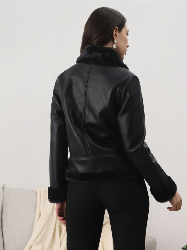 Globus Women Black Spread Collar Front Zip 2 Pockets Faux Fur Detail Winterwear Jacket