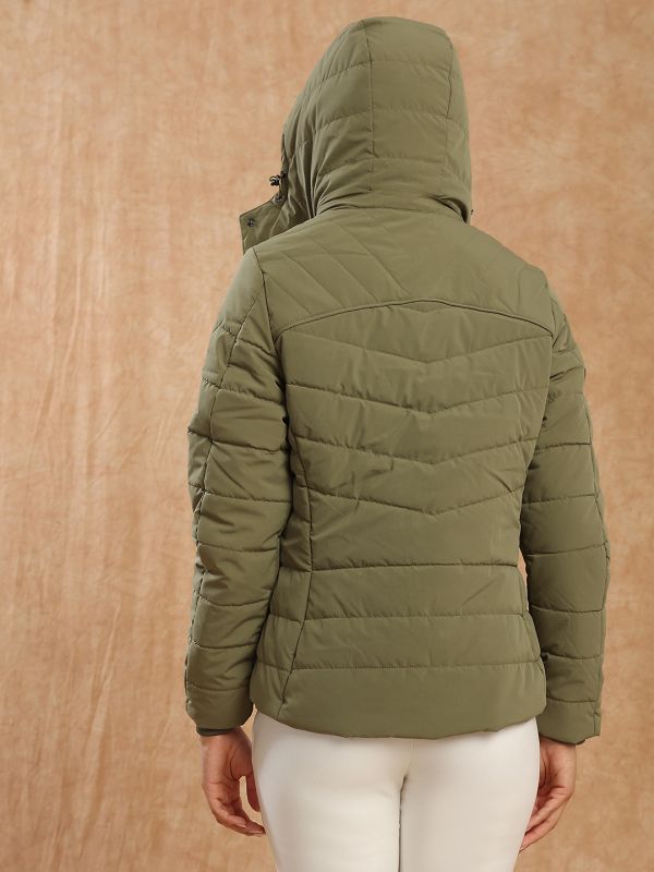Globus Women Olive Mock Neck Winter Wear Insulator Puffer Jacket With Soft Functional Hood