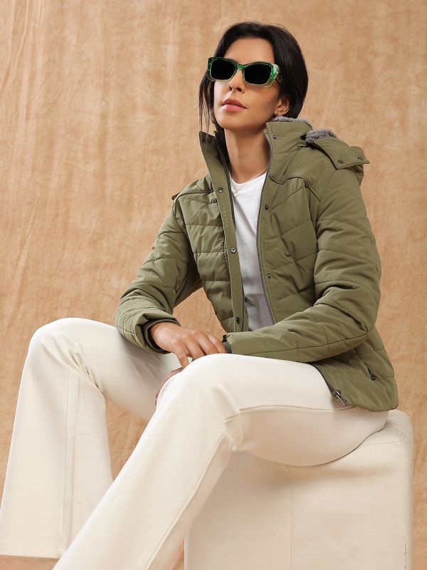 Globus Women Olive Mock Neck Winter Wear Insulator Puffer Jacket With Soft Functional Hood