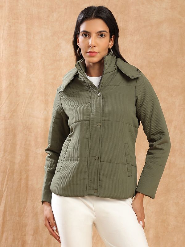 Globus Women Olive Mock Neck Long Sleeves 2 Pockets Self Design Winter Wear Insulator Puffer Jacket With Attached Hood