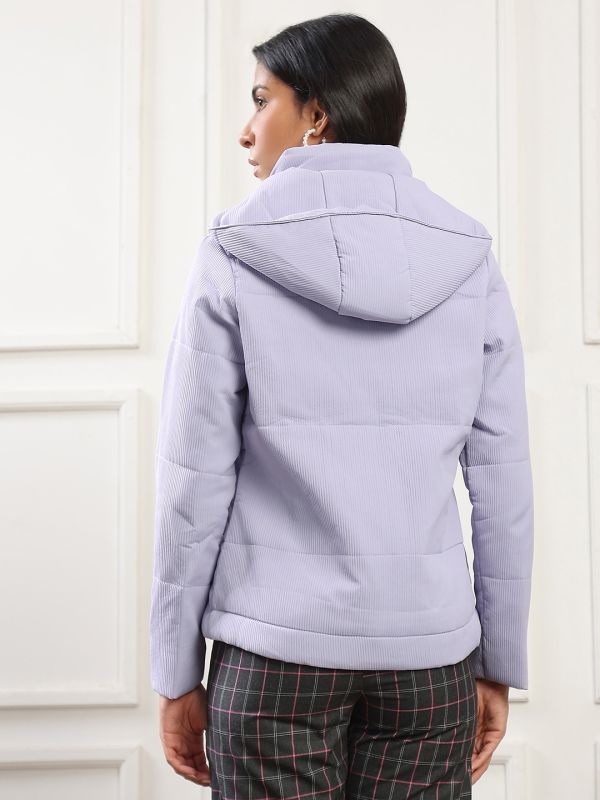 Globus Women Purple Mock Neck Long Sleeves 2 Pockets Self Design Winter Wear Insulator Puffer Jacket With Attached Hood