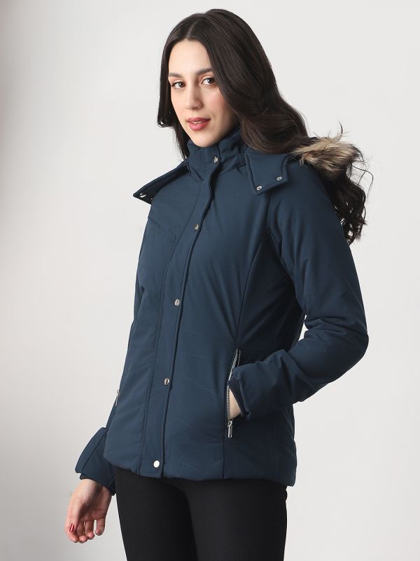 Globus Women Navy Blue Mock Neck Winter Wear Insulator Puffer Jacket With Detachable Faux Fur Hood