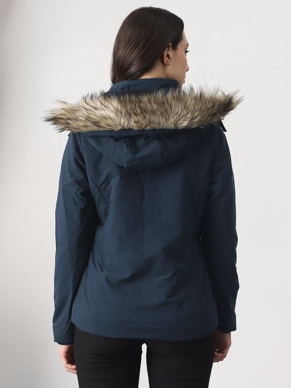 Globus Women Navy Blue Mock Neck Winter Wear Insulator Puffer Jacket With Detachable Faux Fur Hood