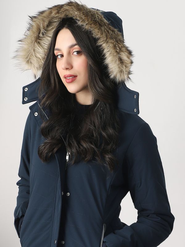 Globus Women Navy Blue Mock Neck Winter Wear Insulator Puffer Jacket With Detachable Faux Fur Hood