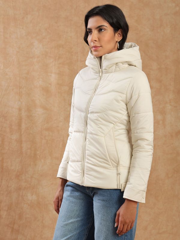 Globus Women Beige Long Sleeves Front Zip 2 Pockets Hooded Winterwear Puffer Jacket
