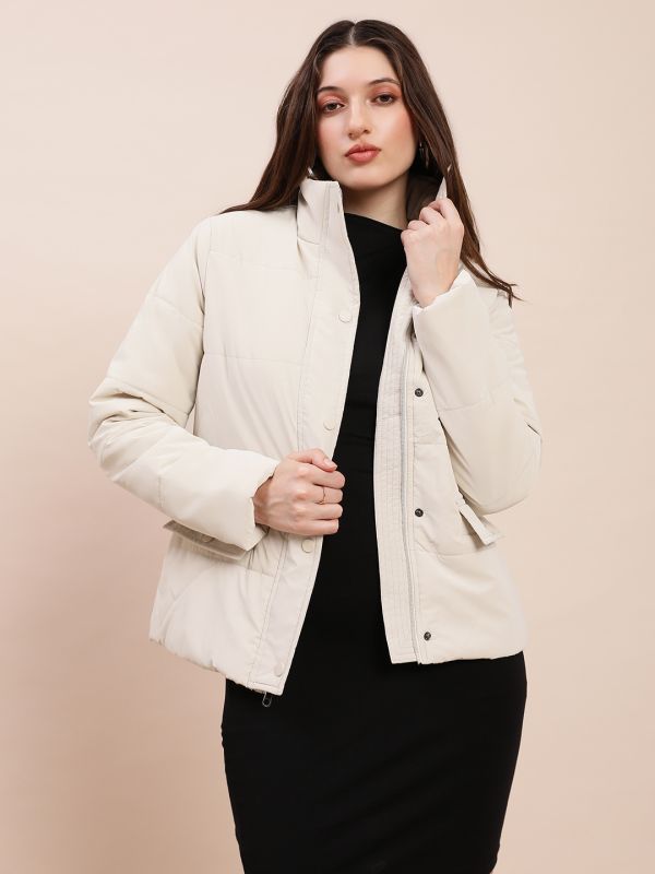 Globus Women Off-White High Neck Long Sleeves Front Zip 2 Pockets Winterwear Puffer Jacket