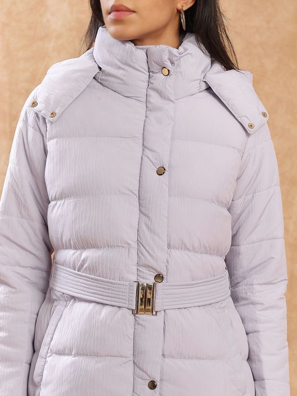 Globus Women Purple Mock Neck Long Sleeves Belted Winter Wear Insulator Puffer Jacket With Detachable Hood