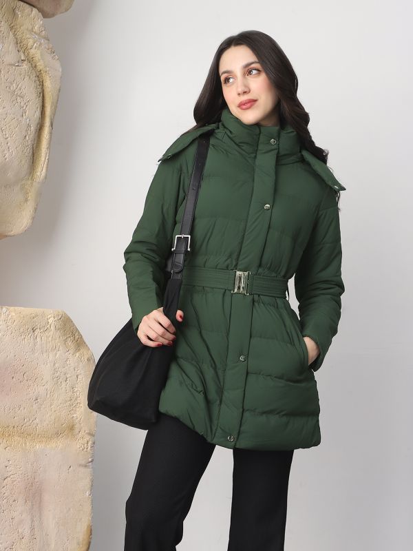 Globus Women Green Mock Neck Long Sleeves Belted Winter Wear Insulator Puffer Jacket With Detachable Hood