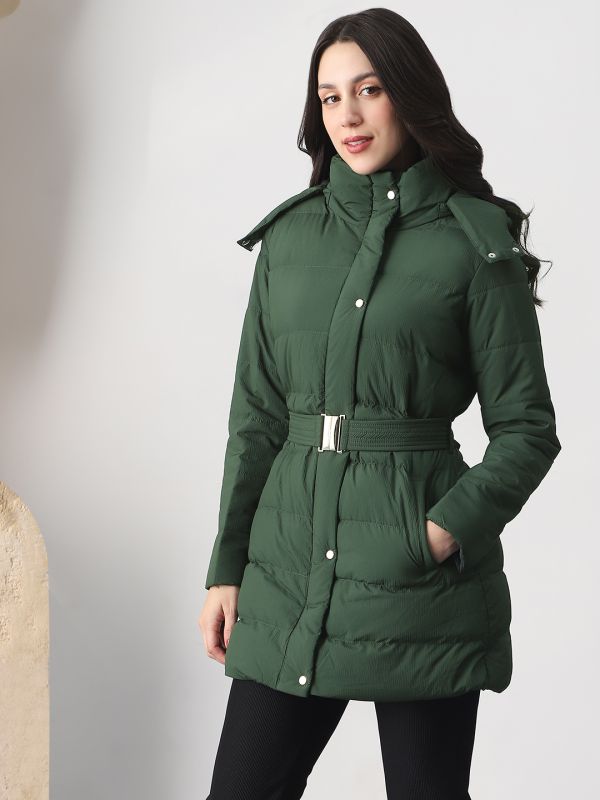Globus Women Green Mock Neck Long Sleeves Belted Winter Wear Insulator Puffer Jacket With Detachable Hood