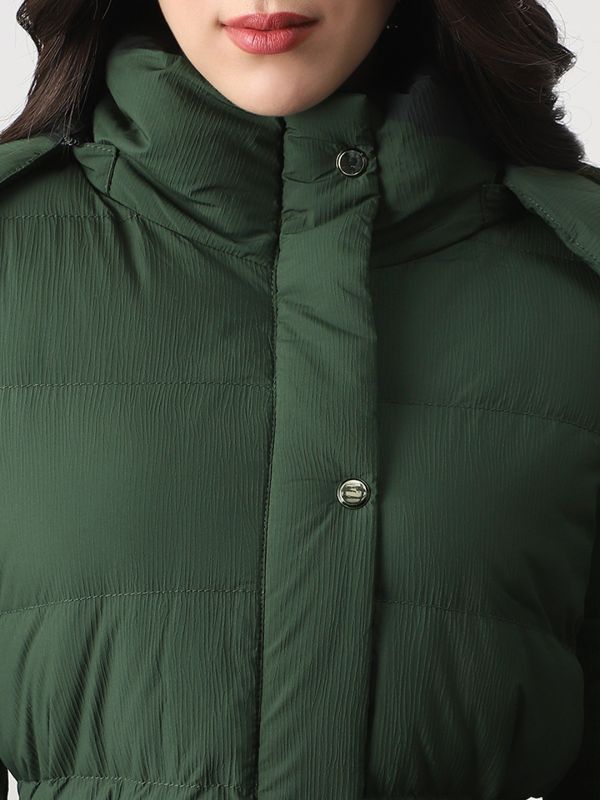 Globus Women Green Mock Neck Long Sleeves Belted Winter Wear Insulator Puffer Jacket With Detachable Hood