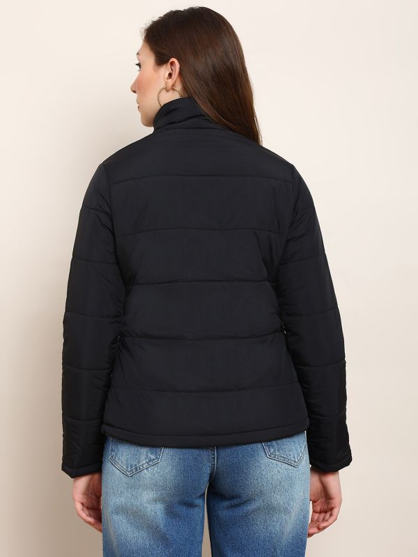 Globus Women Black Mock Neck 2 Pockets Detail Winter Wear Insulator Puffer Jacket