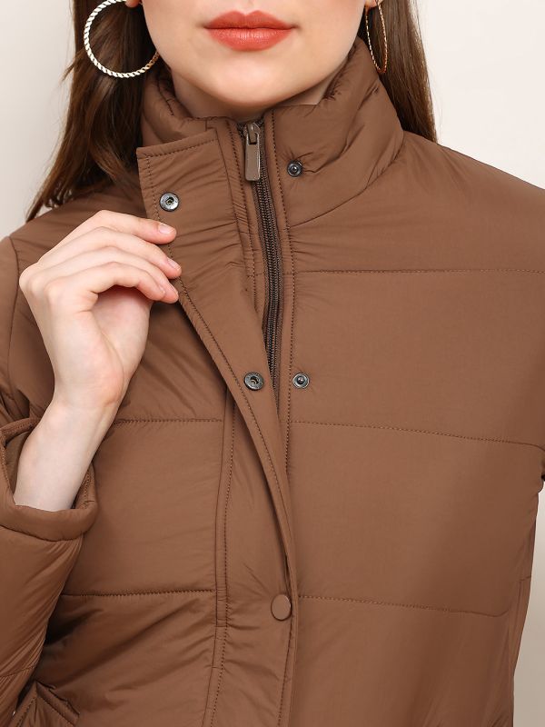 Globus Women Brown Mock Neck 2 Pockets Detail Winter Wear Insulator Puffer Jacket