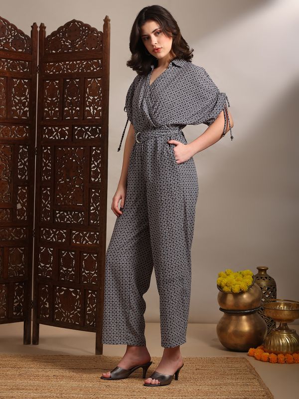 Globus Women Black Geometric Print Collared Neck Ruched Extended Sleeves Belted Long Line Jumpsuit