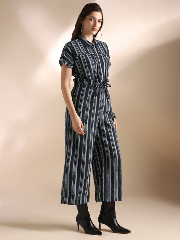 Globus Women Navy Blue Striped Extended Sleeves Collared Neck Waist Tie-Ups Wide Leg Jumpsuit