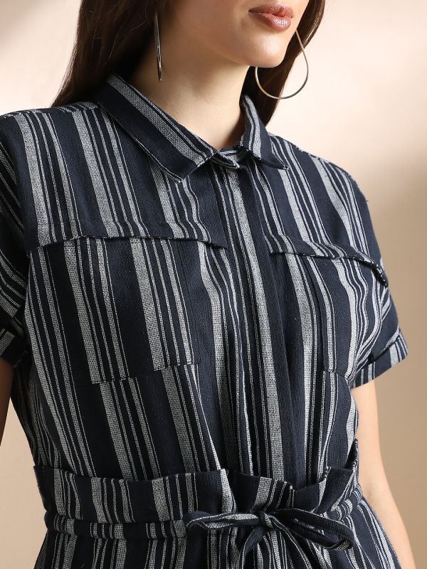 Globus Women Navy Blue Striped Extended Sleeves Collared Neck Waist Tie-Ups Wide Leg Jumpsuit